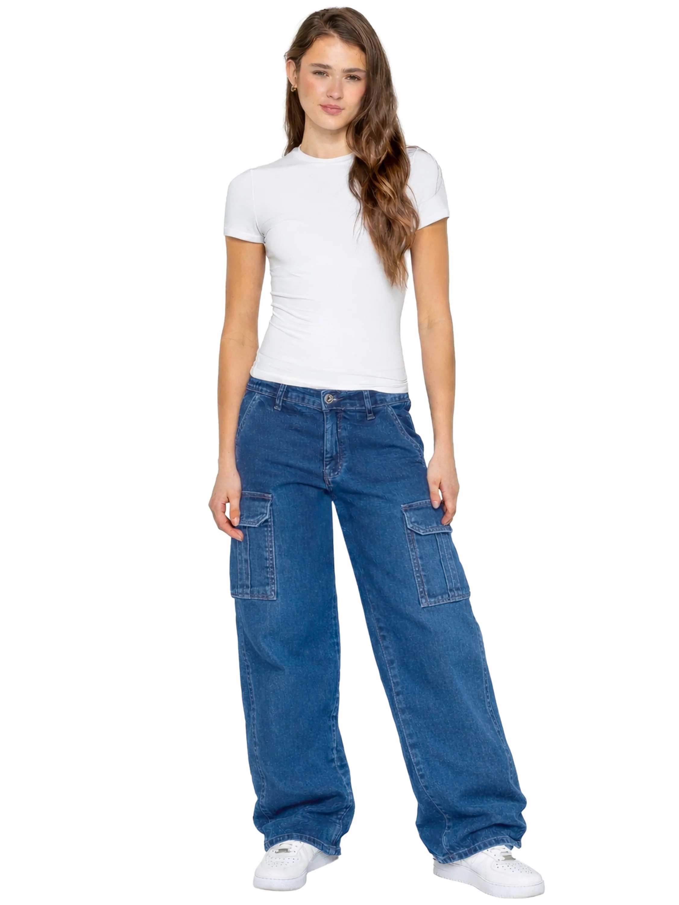Dark Blue Cargo Ladies Baggy Jean - 01
