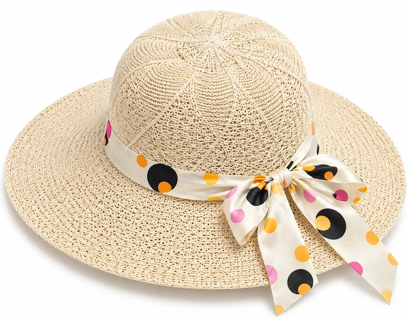 Women's Cream Wide-Brim Summer Sun Hat with Multicolor Polka Dot Ribbon Bow – Beach & Picnic Hat