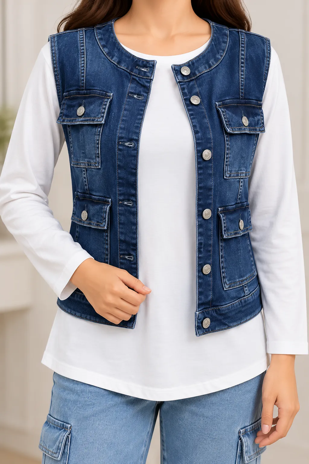 Denim Vest Layered Over White Top