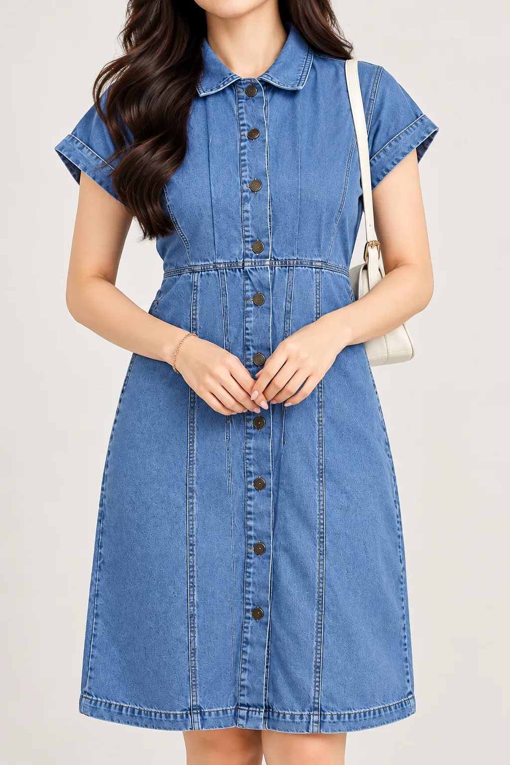 Women's Blue Denim Shirt Dress with Cuffed Sleeves