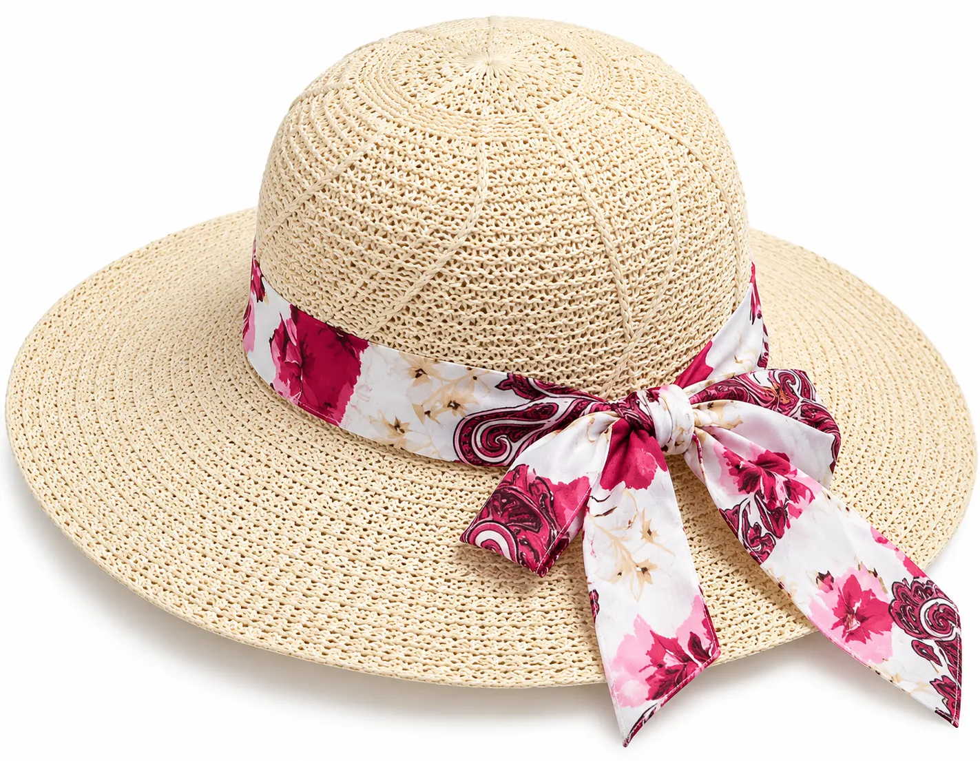 Women’s Beige Woven Summer Hat with Pink Floral Scarf