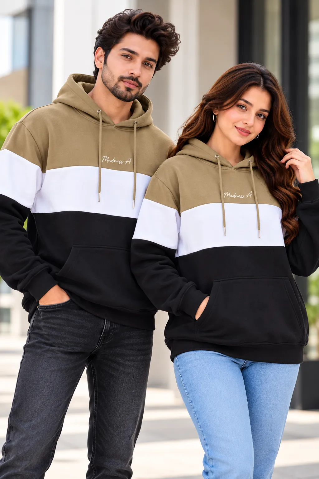 Unisex Export Quality Color Block Fleece Hoodie – Khaki, White & Black