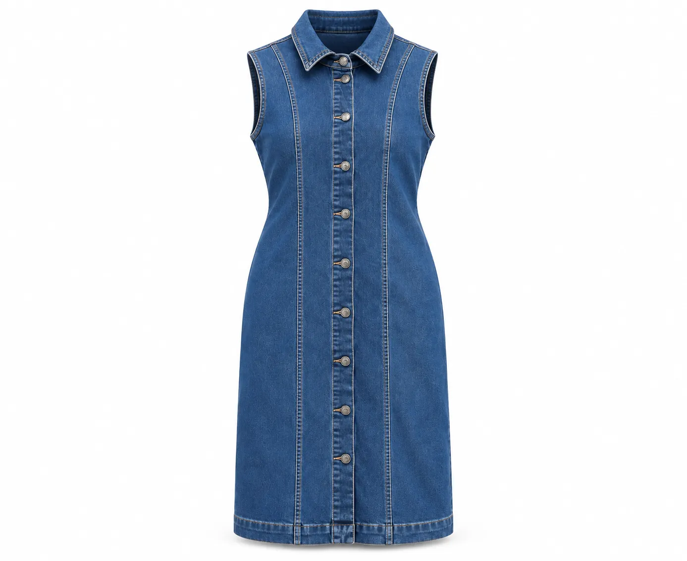 Women's Blue Denim Sleeveless Button-Front Midi Dress