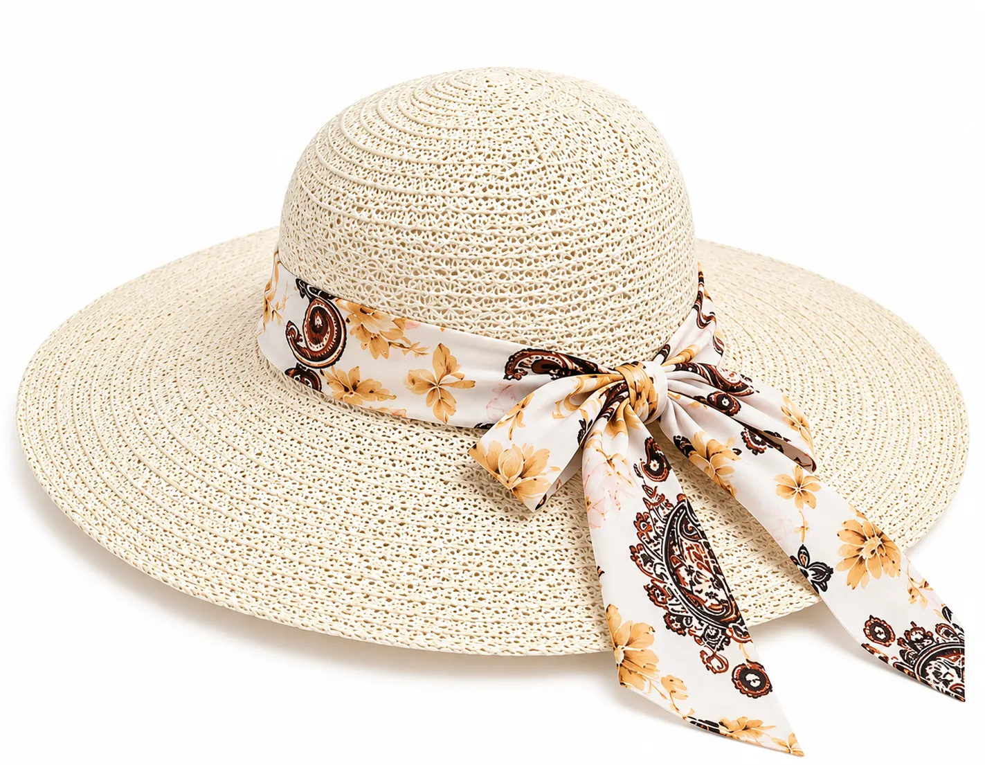 Women’s Cream Wide-Brim Summer Picnic Hat with Floral Scarf