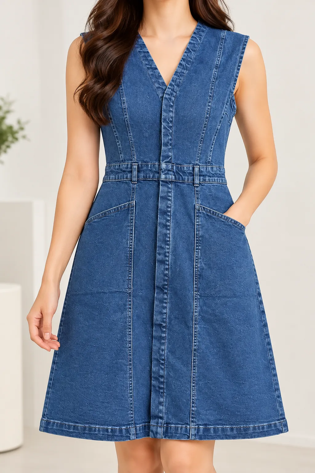 Women's Blue Denim V-Neck Dress