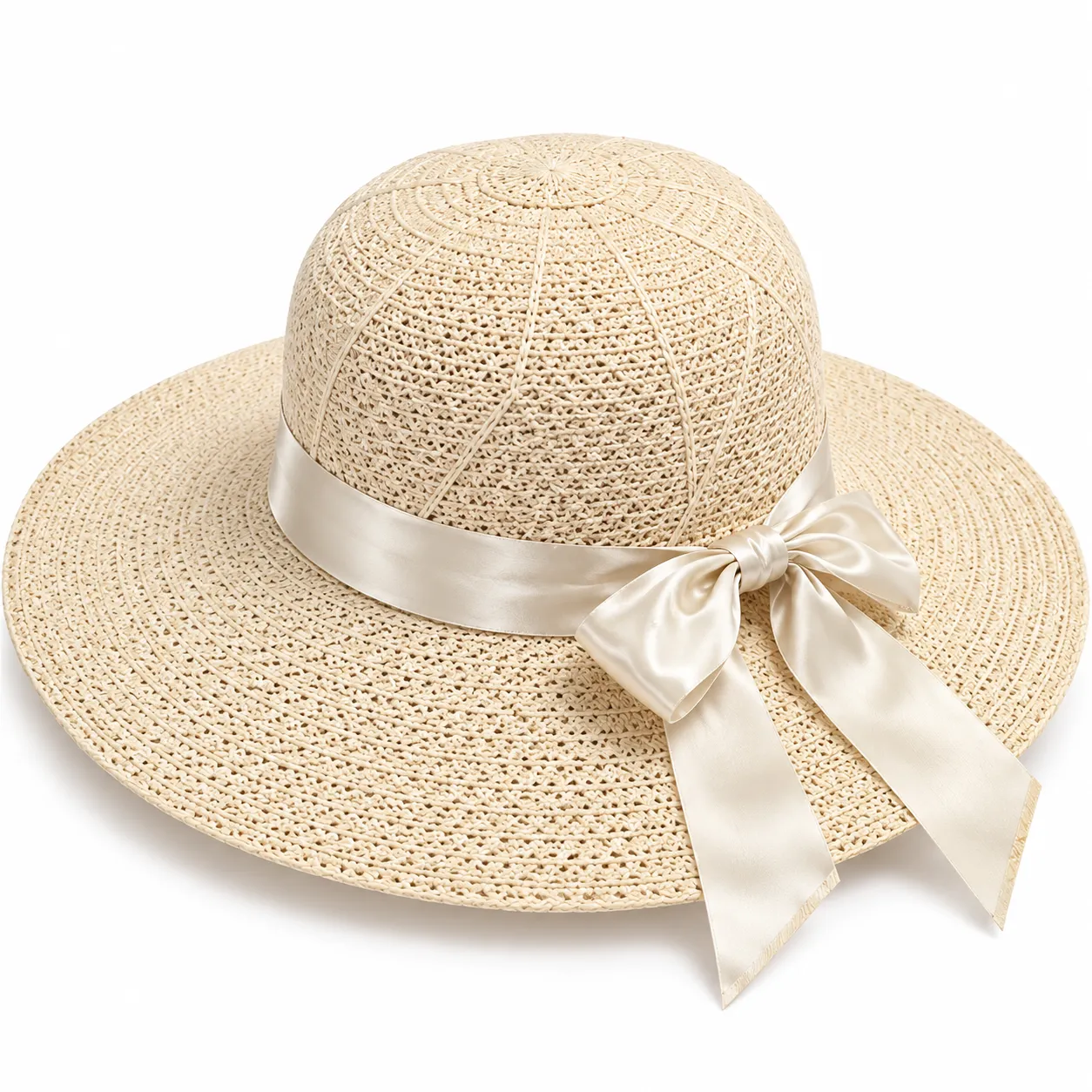 Women’s Cream Woven Summer Hat with Satin Bow