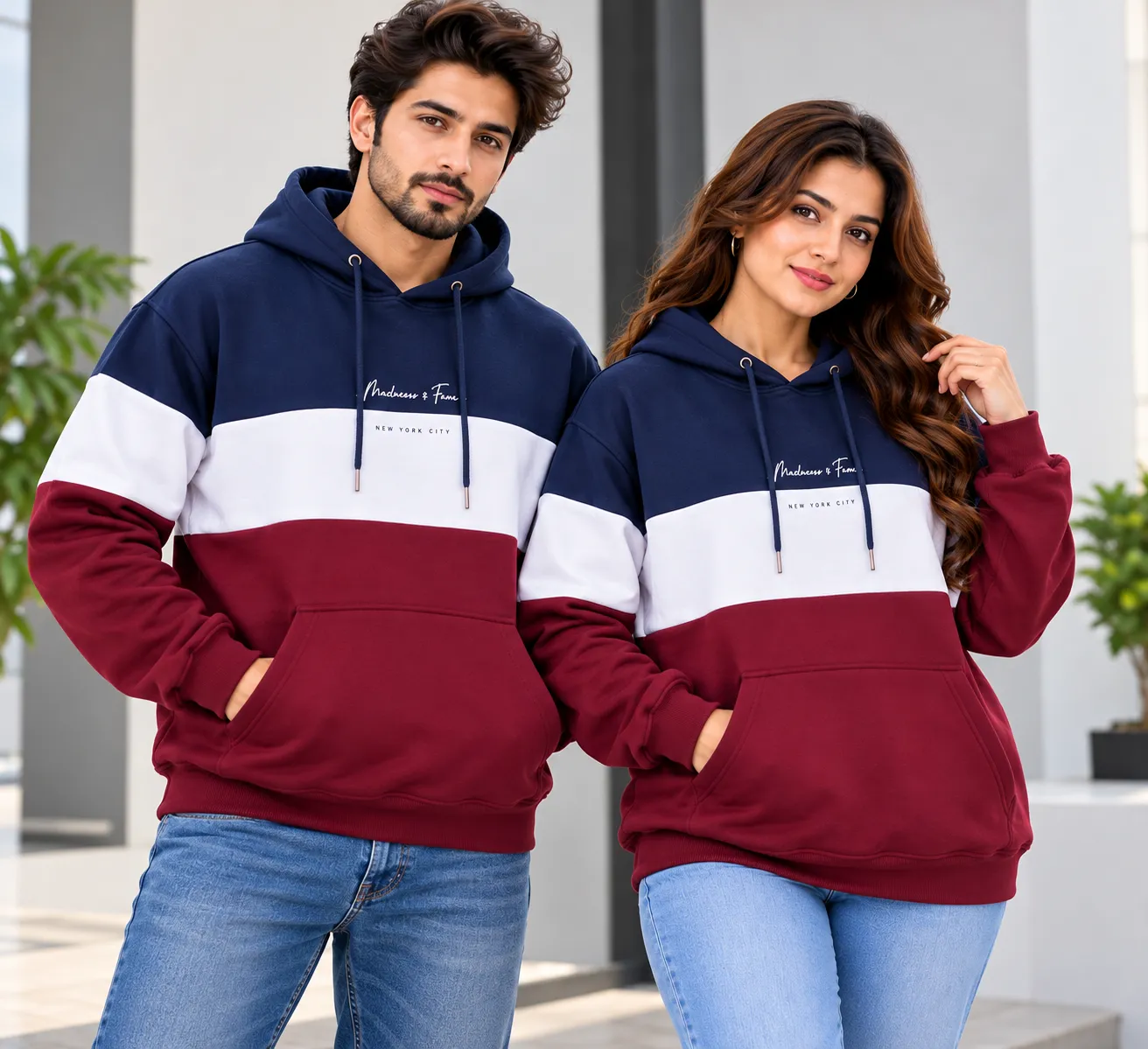 Unisex Export Quality Color Block Fleece Hoodie – Navy Blue, White & Maroon